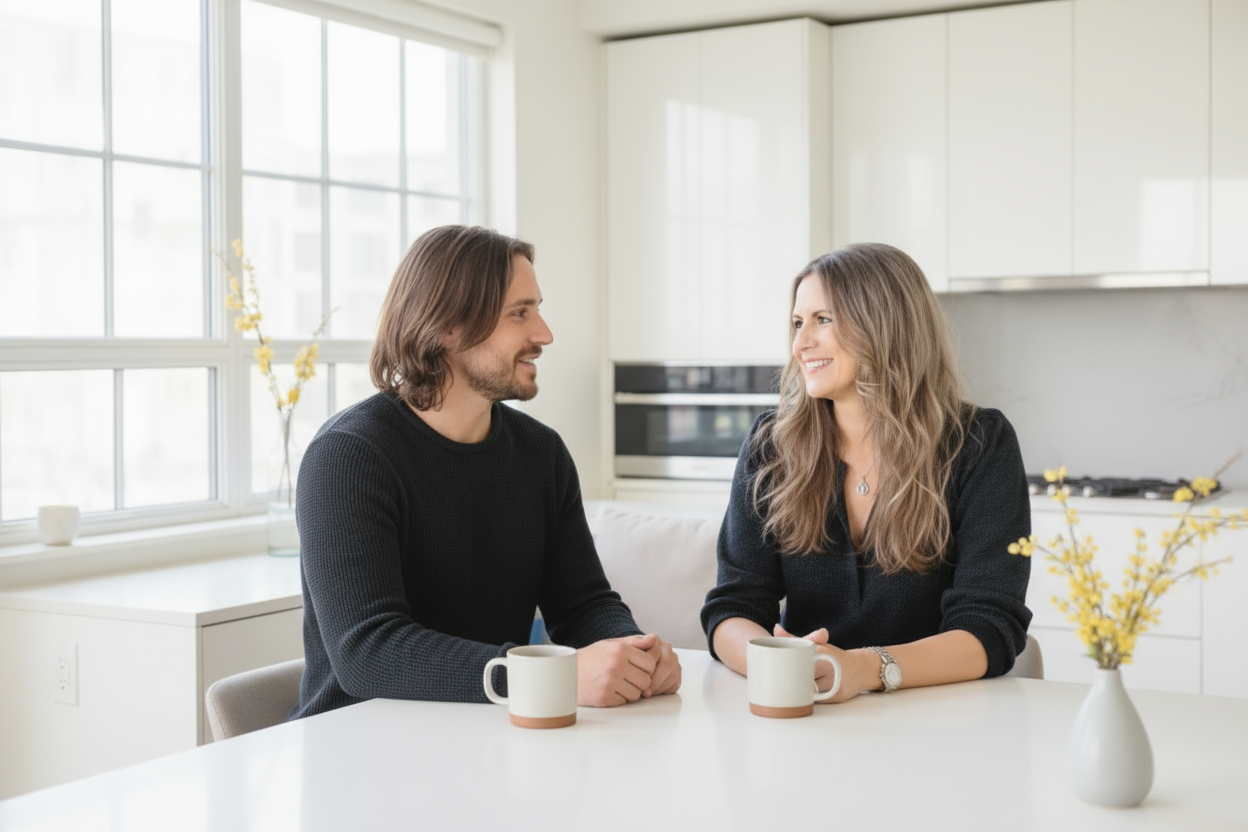 Amy chatting with a buyer in a bright, modern kitchen